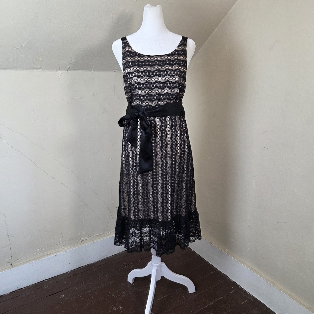 Milly New York Black Lace Backless Dress Silk Ribbon Waist‎ Sleeveless Size 6